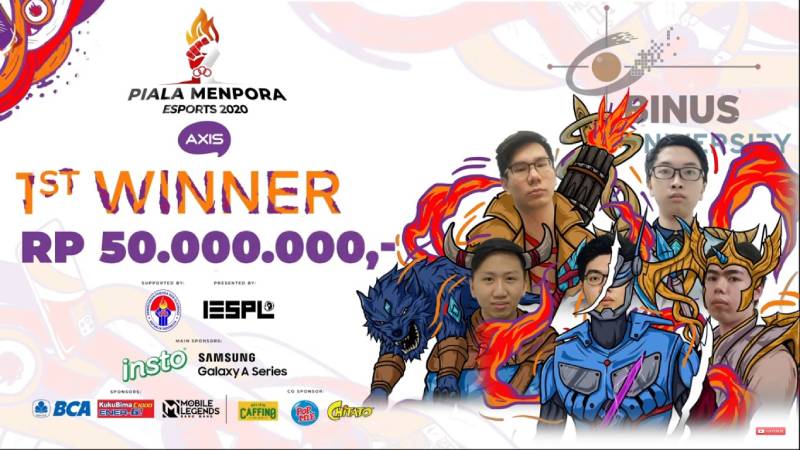 Binus University berhasil keluar sebagai juara dalam gelaran Piala Menpora Esports 2020 AXIS, Minggu (04/10). Dalam laga Grand Final, Binus University berhadapan dengan tim Universitas Udayana. Keduanya merupakan tim kampus yang memiliki performa permaina