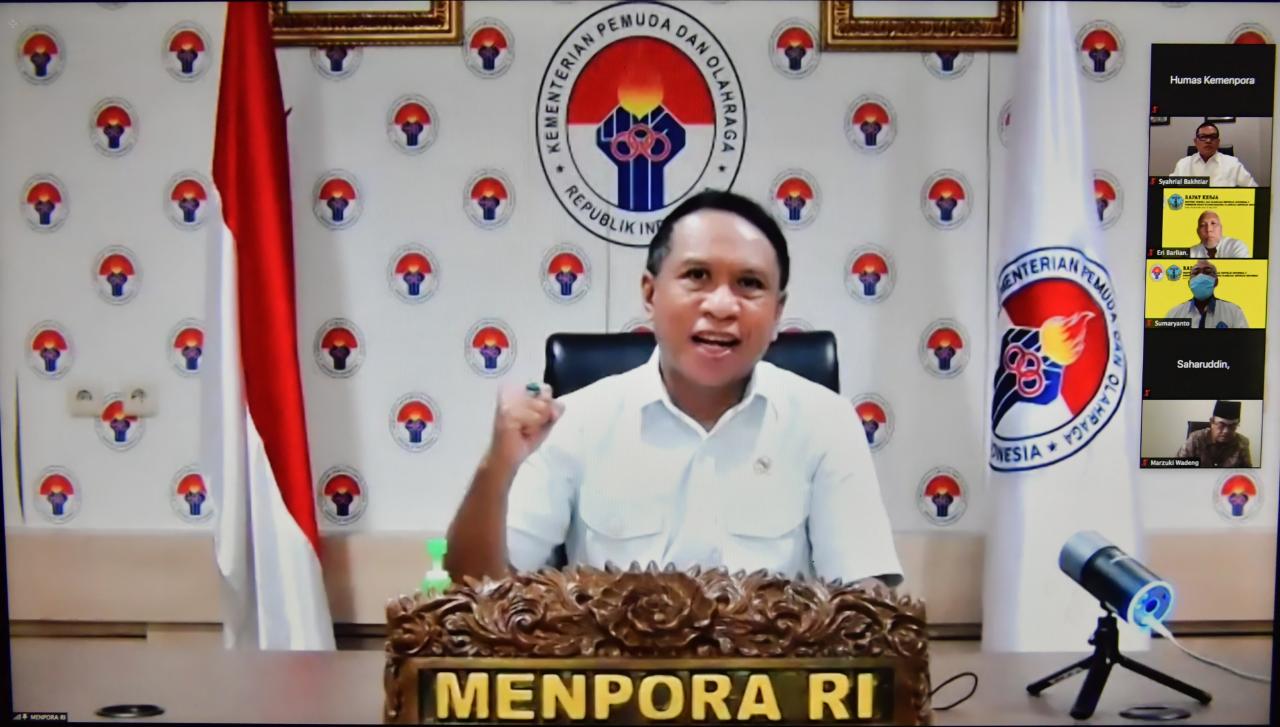 Menteri Pemuda dan Olahraga Republik Indonesia (Menpora RI) Zainudin Amali ikut hadir dalam rapat kerja Pengurus Pusat Ikatan Sarjana Olahraga Indonesia (ISORI) secara virtual dari Situation Room, Lantai 9, Kemenpora, Jakarta, Senin (19/4). Pada rapat ker
