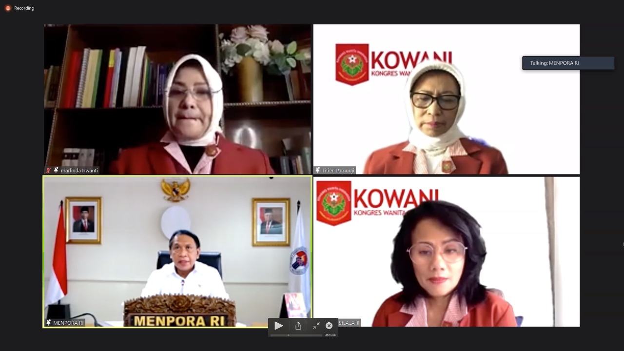 Menteri Pemuda dan Olahraga Republik Indonesia (Menpora RI) Zainudin Amali  menerima audiensi Kongres Wanita Indonesia (Kowani) melalui virtual  dalam rangka kerjasama dibidang kepemudaan maupun olahraga khususnya bagi kaum perempuan, Kamis (29/7) siang, 