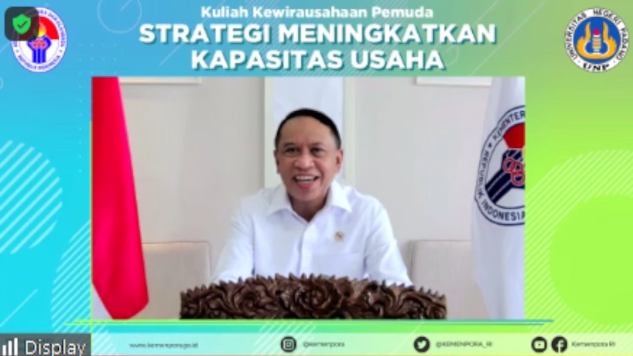 Menteri Pemuda dan Olahraga (Menpora) Zainudin Amali membuka kegiatan Kuliah Kewirausahaan Pemuda, yang diselenggarakan Kemenpora bersama  Universitas Negeri Padang (UNP) secara virtual, Jumat (10/9) pagi dari Kantor Kemenpora. Kegiatan ini mengangkat tem