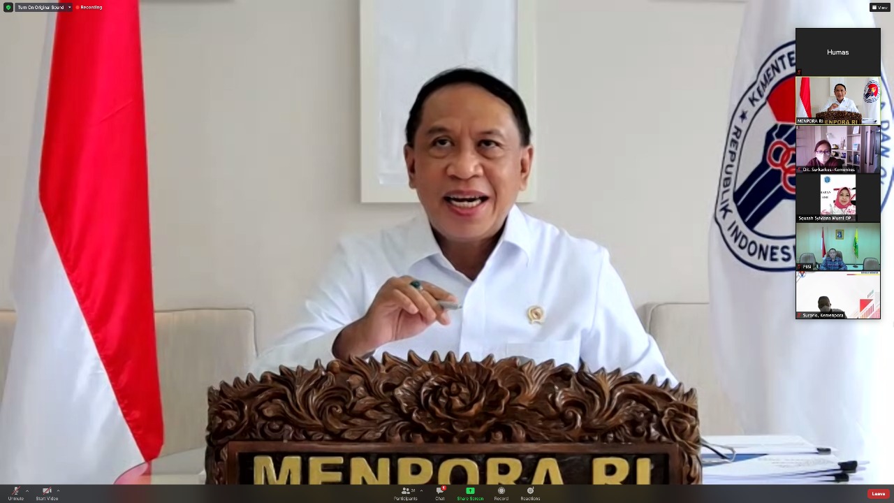 Menteri Pemuda dan Olahraga Republik Indonesia (Menpora RI) Zainudin Amali memimpin rapat koordinasi (Rakor) tentang penyelenggaraan event olahraga dalam masa pandemi covid-19 secara virtual, Rabu (15/9).(foto:putra/kemenpora.go.id)