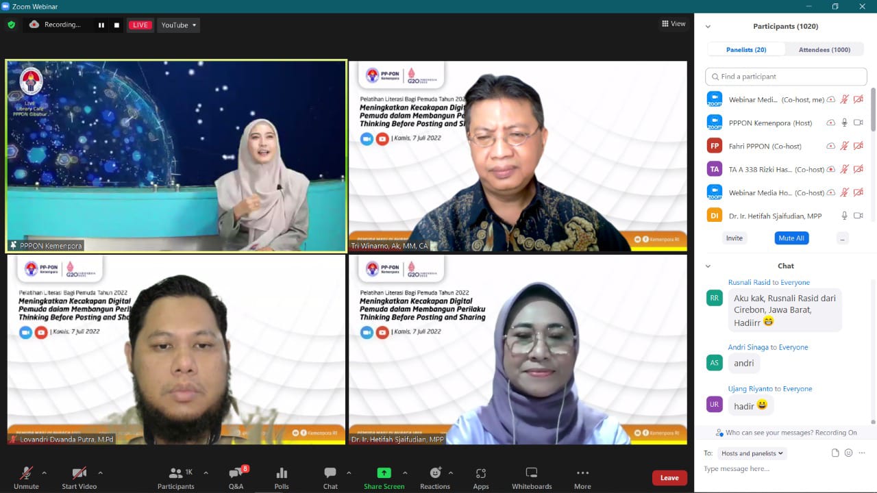 Deputi Bidang Pemberdayaan Pemuda Kemenpora RI, Faisal Abdullah membuka kegiatan diklat webinar pelatihan literasi digital bagi pemuda tahun 2022. Kegiatan yang dilaksanakan Pusat Pemberdayaan Pemuda dan Olahraga Nasional (PP-PON) ini mengangkat tema: Kec