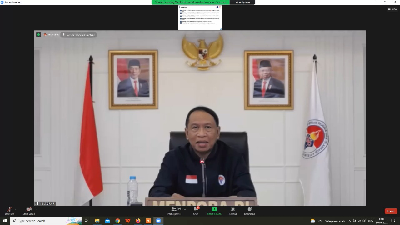 Menteri Pemuda dan Olahraga Republik Indonesia (Menpora RI), Zainudin Amali menghadiri Rapat Koordinasi Persiapan Event Sail Tidore 2022, Selasa (27/9) melalui virtual dari Kemenpora. (foto:raiky/kemenpora.go.id)