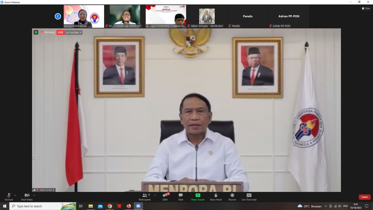 Menteri Pemuda dan Olahraga Republik Indonesia (Menpora RI) Zainudin Amali secara resmi membuka diklat pencegahan perilaku destruktif tentang pemberantasan korupsi bagi pemuda tahun 2022 secara virtual dari Kemenpora, Senin (10/10). Kegiatan tersebut meng