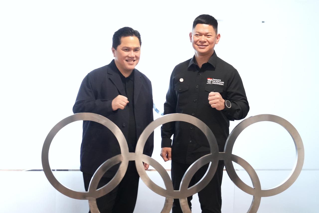 Menteri Pemuda dan Olahraga Republik Indonesia (Menpora RI) Erick Thohir, bersama Wamenpora Taufik Hidayat didampingi Sesmenpora Gunawan Suswantoro dan Deputi Peningkatan Prestasi Olahraga Surono, bertemu Ketua Umum Komite Olimpiade Indonesia (KOI) Raja S
