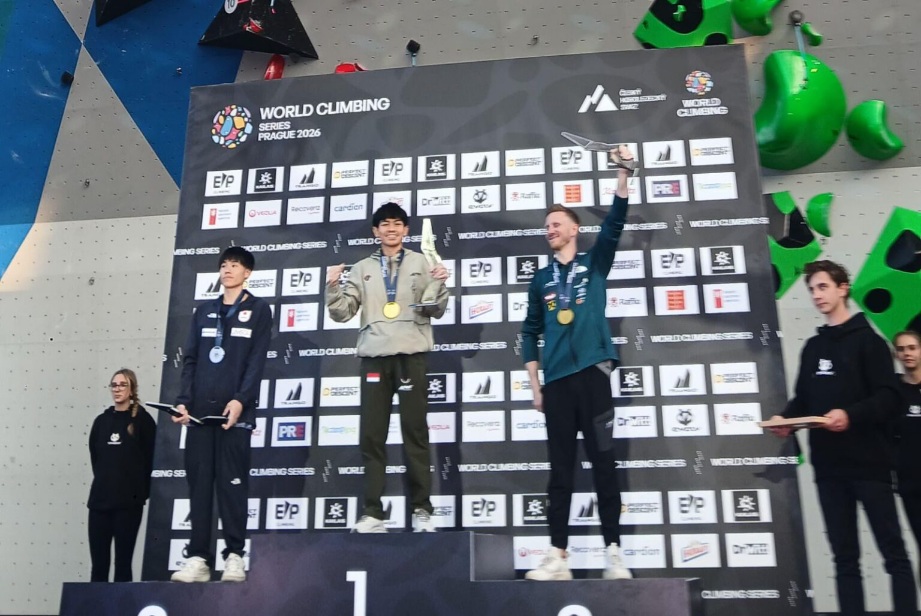 Atlet panjat tebing Putra Tri Ramadani berhasil menjadi atlet tanah air pertama mendapatkan medali emas panjat tebing nomor lead di World Climbing Series seri Praha 2026, Ceko, Senin (8/6) dini hari WIB. (foto:dok/FPTI)