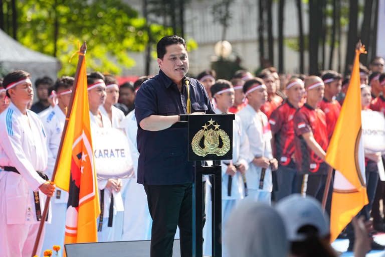 Menpora RI Erick Thohir memberikan apresiasi digelarnya Pekan Olahraga Polri 2026 di Polda Metro Jaya, Minggu (28/6). (foto:istimewa)