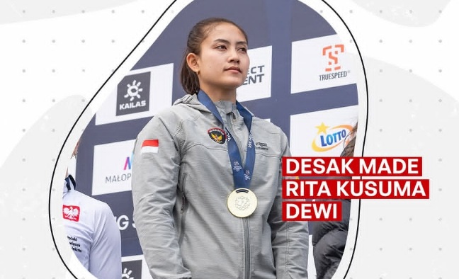 Atlet panjat tebing Indonesia, Desak Made Rita Kusuma Dewi mempersembahkan medali emas pada ajang World Climbing Series Krakow 2026 pada final nomor speed di Krakow, Polandia, Sabtu (4/7). (foto:dok/FPTI)