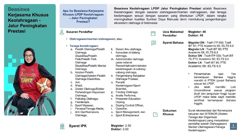 Kemenpora RI bekerjasama dengan Lembaga Pengelola Dana Pendidikan (LPDP) menyelenggarakan Webinar Sosialisasi Beasiswa Bidang Keolahragaan Tahap II (dua) Tahun 2026. (foto:dokumen)